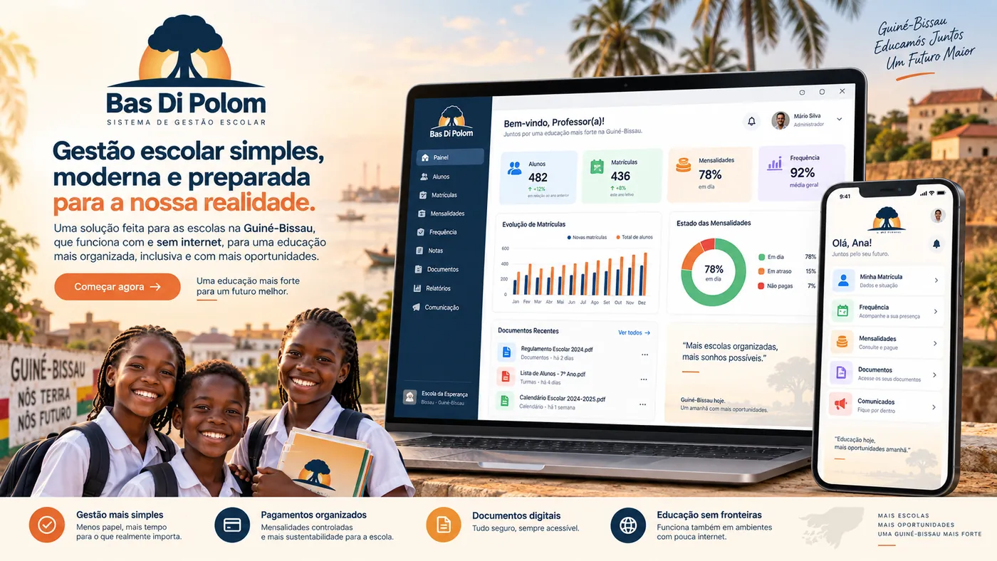 Painel do Bas Di Polom num portátil e no telemóvel, com alunos de uma escola da Guiné-Bissau