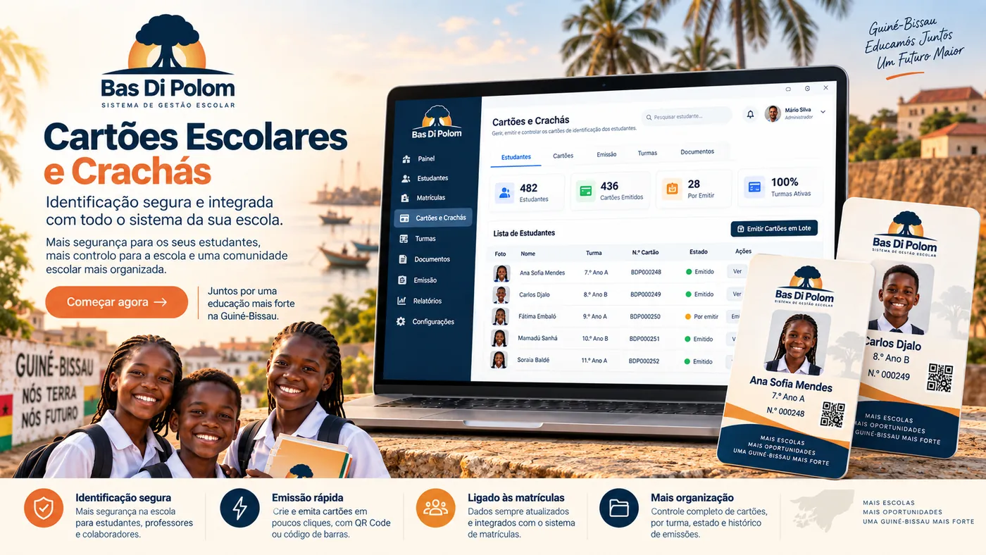 Cartões de estudante em PVC com fotografia e QR de verificação, emitidos pelo Bas Di Polom para uma escola da Guiné-Bissau